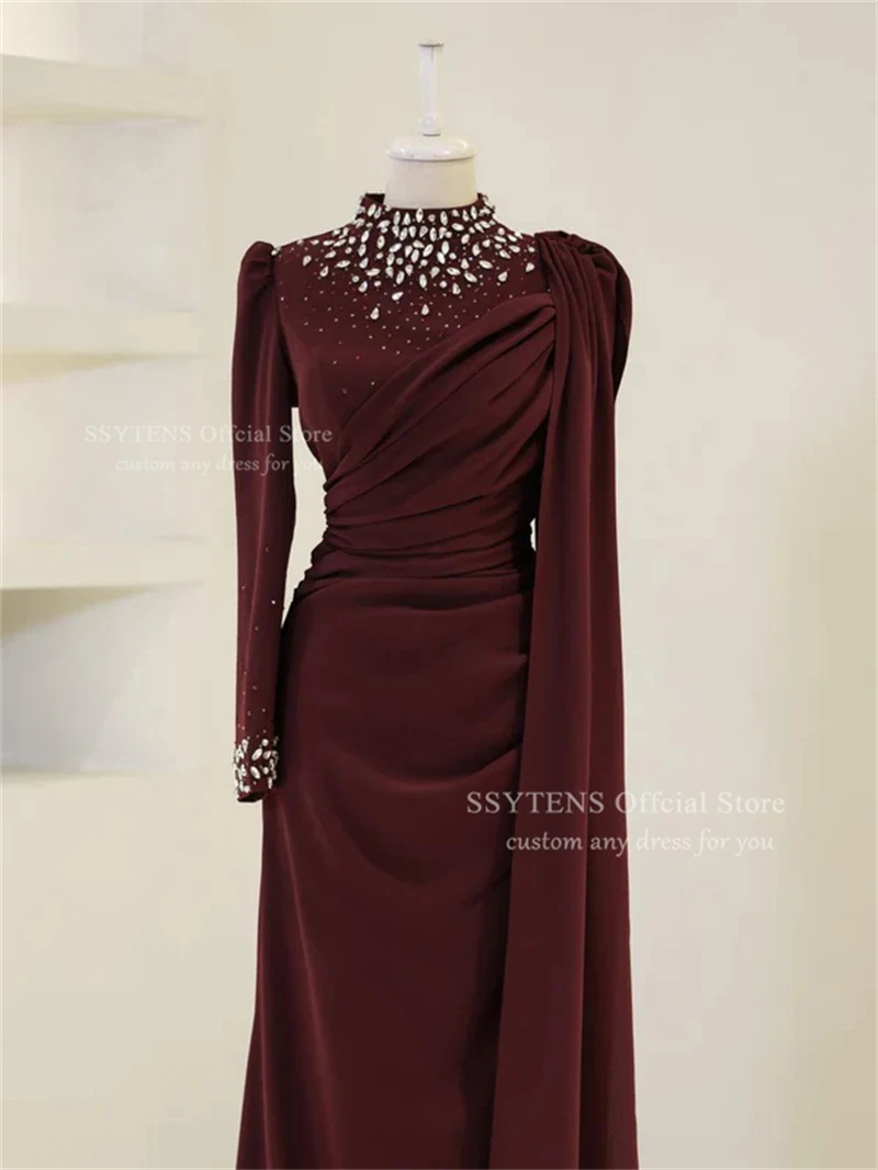 SSYTENS ダークバーガンディ スペシャルイブニングドレス レディース 2025 ラグジュアリー クリスタル ロングスリーブ マーメイド ローブ ド ソワレ プロム ガウン カスタマイズ