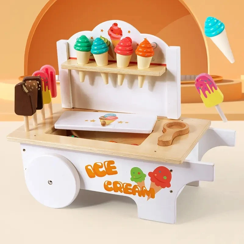 Educational Toddler Wood Toy Set Ice Cream Cart Magnet Color Shopping Pretend Kitchen Play Sort Stacking Trolley Game Gift Kid