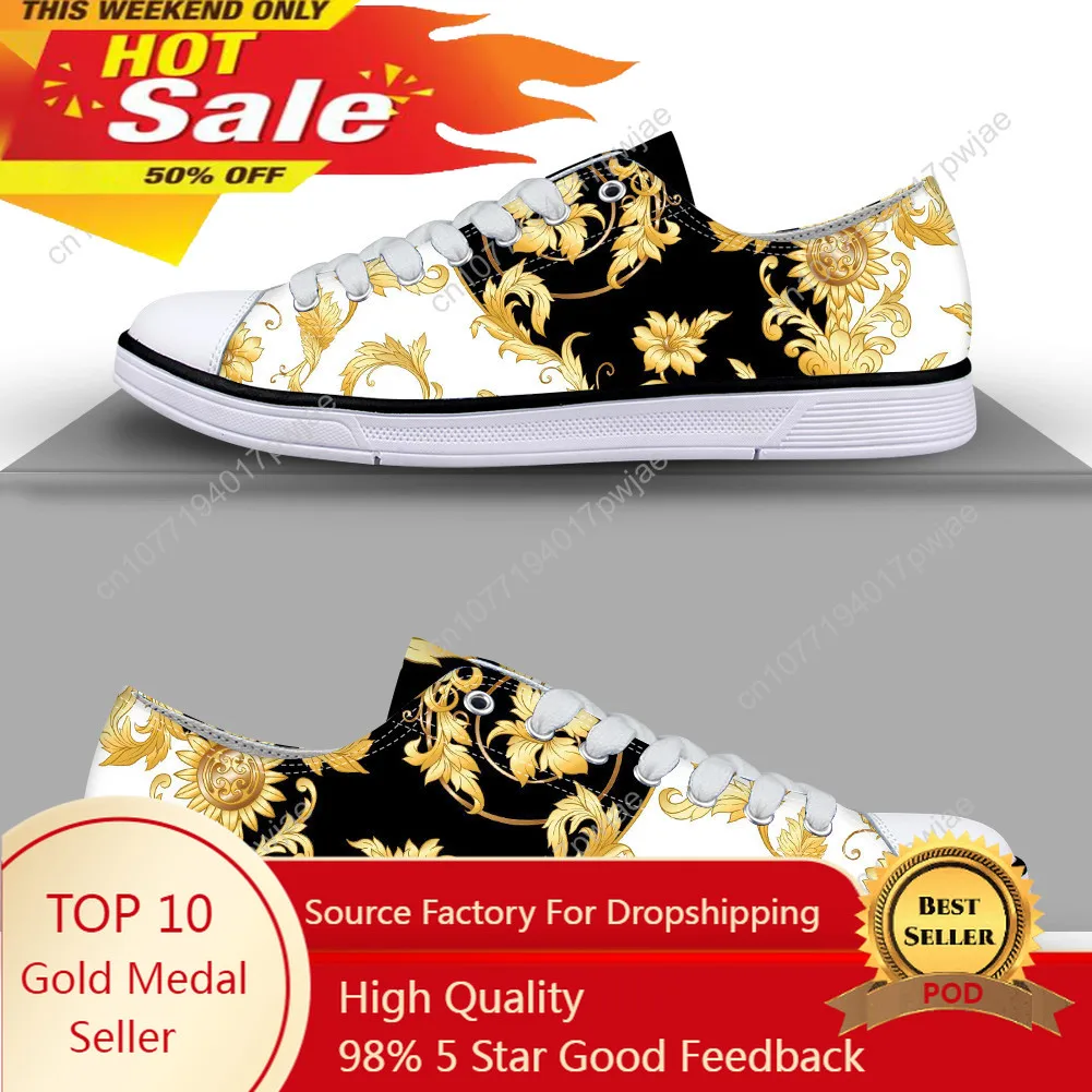 

Women Shoes Fashion European Style Baroque Golden Floral Prints Summer Casual White Canvas Breath Sneakers