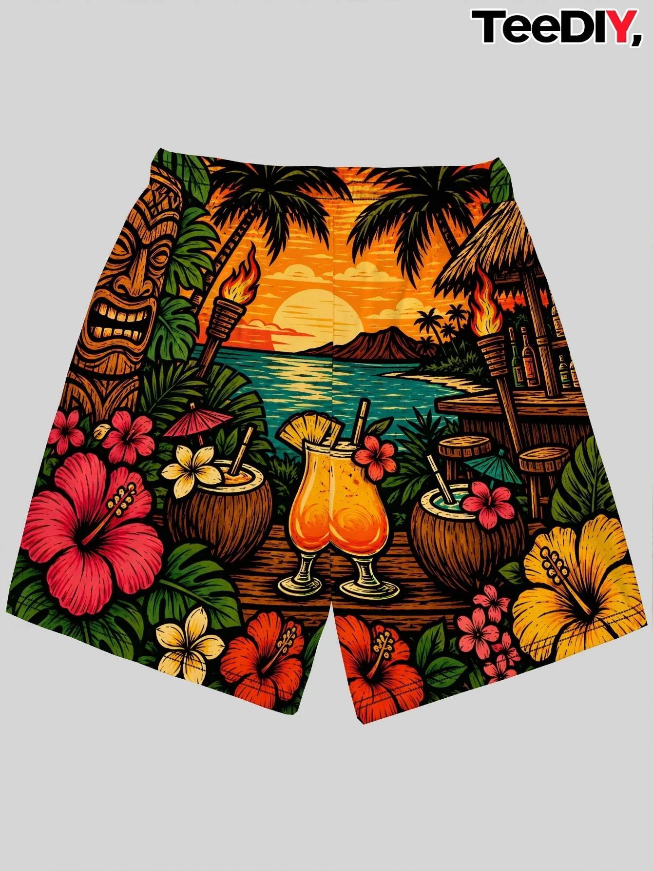 Men Summer Colorful Ethnic Demon Mask All Over Print Quick Dry Streetwear Vacation Casual Swim Trunks