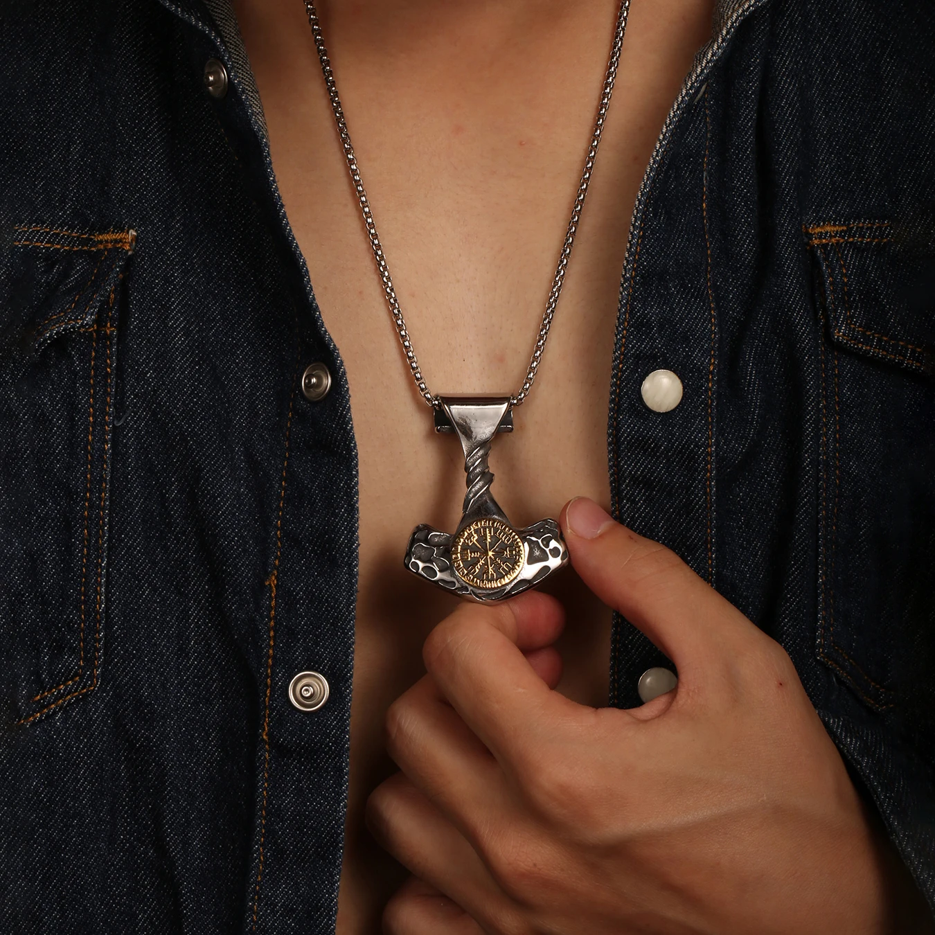 Vintage Titanium Steel Nordic Mythology Viking Hammer Necklace Men Compass Anchor Necklace for Men Spiritual Jewelry