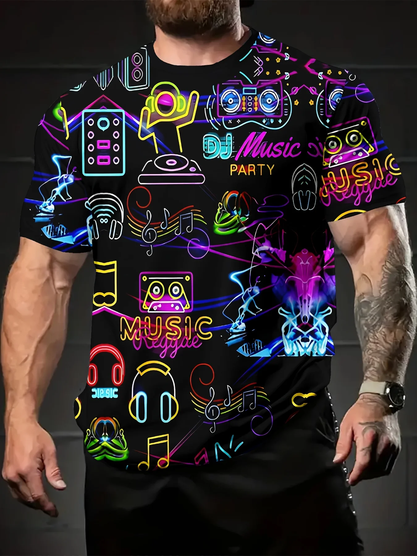 Herren Neon DJ Musik Party Print T-Shirt Schwarz Bunte Noten Kopfhörer Streetwear Tee – Detail 3