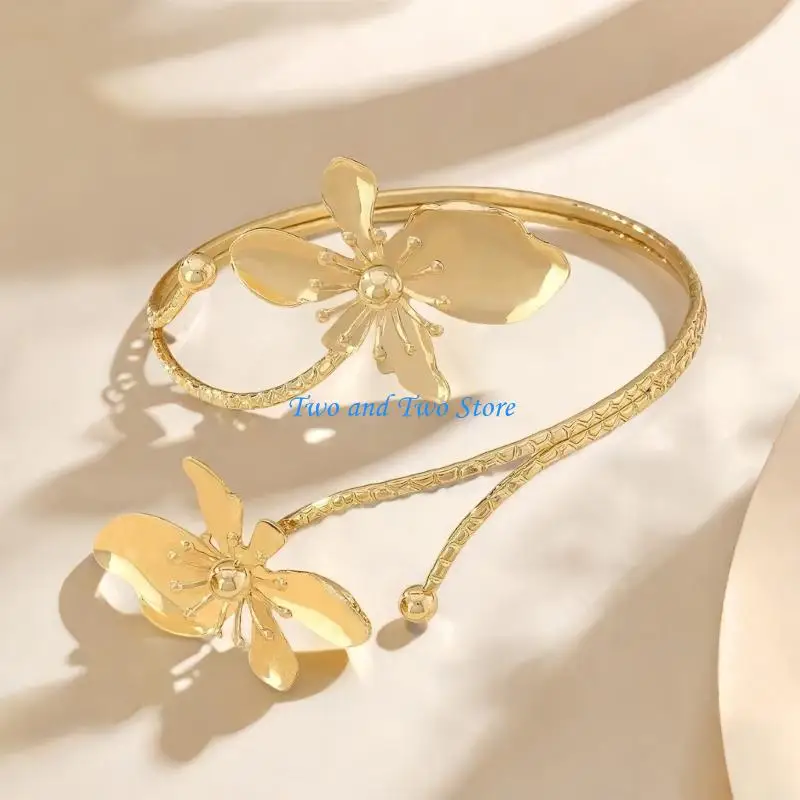 HX6F افتتاح أنيق قابل للتعديل زهرة سوار امرأة فتاة الإسورة اليد مجوهرات نسيج معدني مثالي لمحبي الموضة