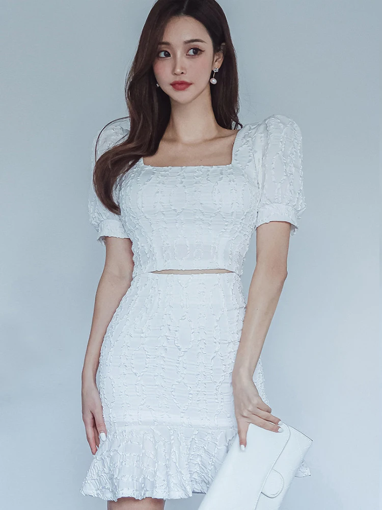 New Korean Summer Sexy 2 Piece Outfits Women Retro Puff Sleeve Short Cropped Tops Shirt Blouse High Waist Mini Skirt Mujer Set