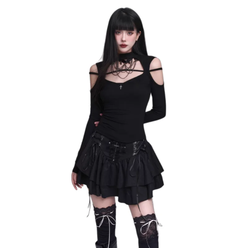 Spódnice Gothic Punk Damskie Czarne Mini Spódniczki z Nadrukiem Krzyża Dziewczyna-Duch Punkowa Subkultura Gothic Y2K Seksowny Styl