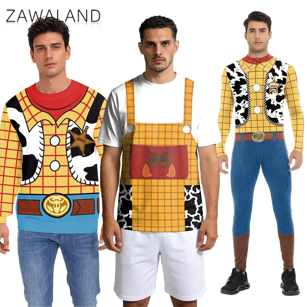 

Men Woody 3D Print Costume Theme Party Long Sleeve Top Cowboy Cosplay Jumpsuit Fancy Short Sleeve Tee Halloween Dress Up Outfit