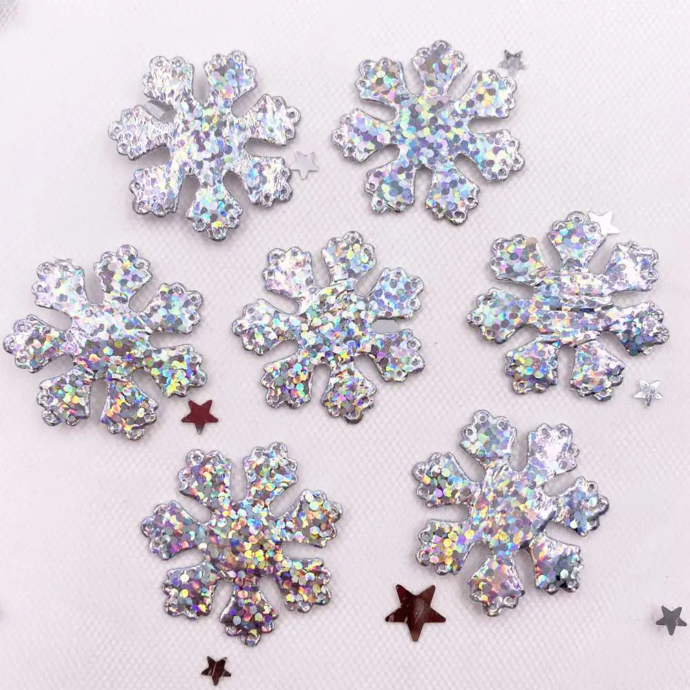 120PCS  Glitter Silver Snowflake Cloth Appliques Wedding DIY Sewing Patch Accessories DIY Bow Craft Christmas Decor   XE351