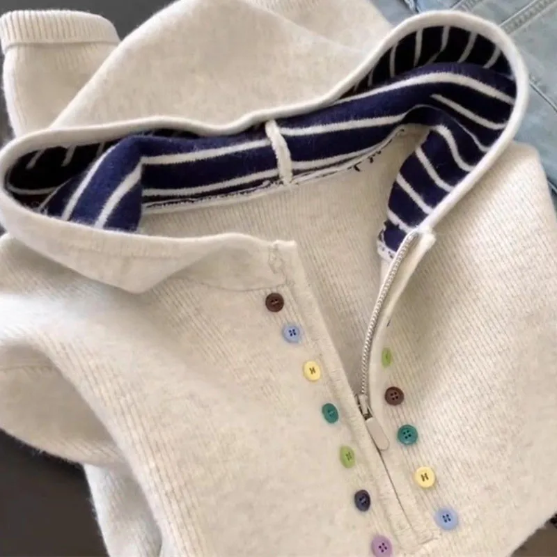 

Spring Autumn Femme Patchwork Loose Knitwear Top Lady Fashion Half-zip Hooded Sweater Korean Women Long Sleeves Pullover Knitted