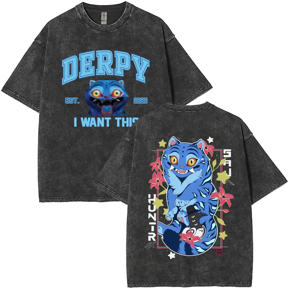 

Washed Vintage Funny Movie KPop Demon Hunters Derpy Tiger Graphic T-shirt Men Women Clothing Punk Casual Cartoon Fashion T Shirt