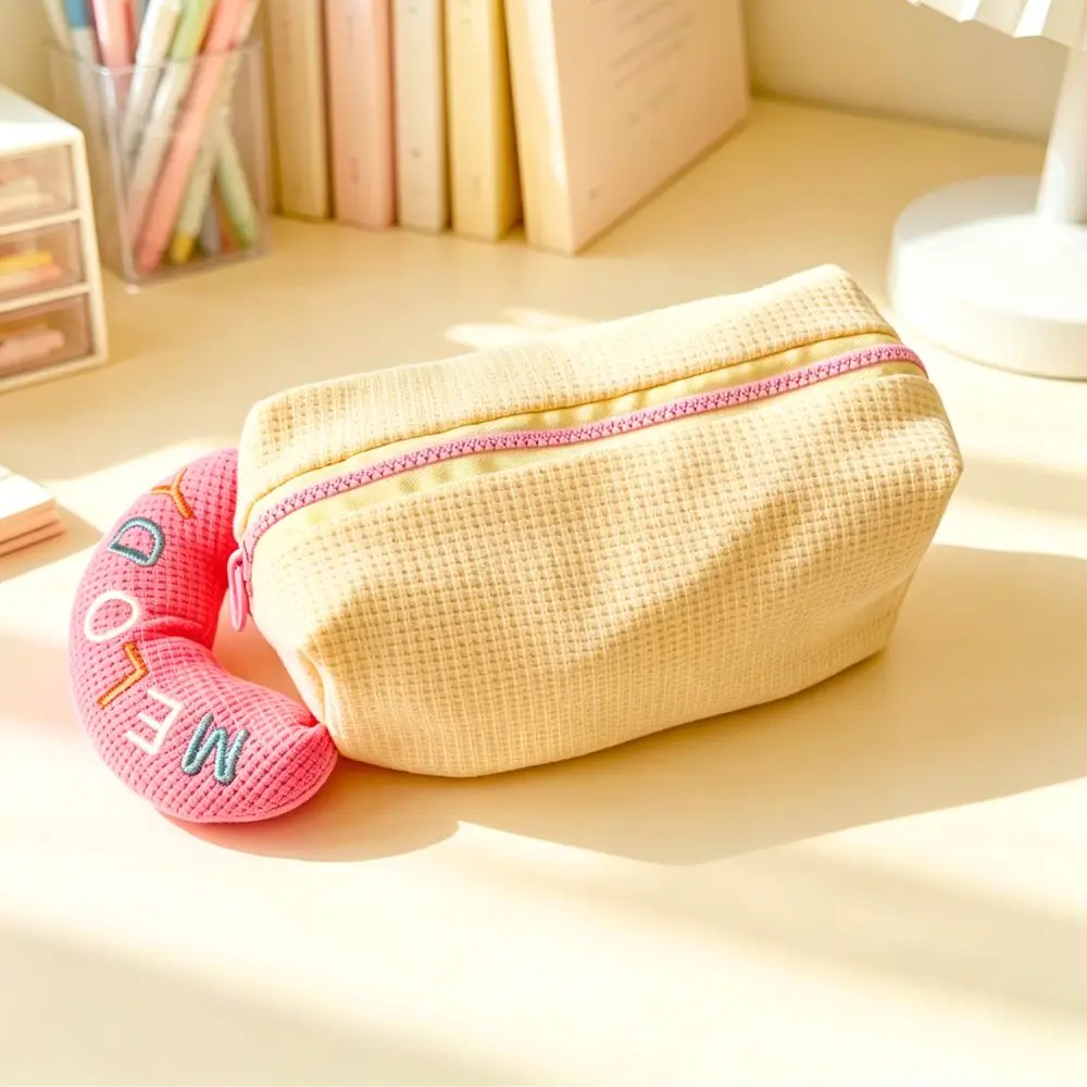 1pc Pastel Waffle Cosmetic Pouch, Cute Embroidered Ring Handle, Portable Stationery Storage Bag for Teen Girls Gift YMY