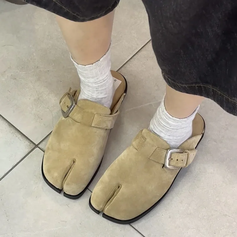 Metal Buckle Thick-Soled Lamb Wool Suede Closed-Toe Women's Slippers New Brown Khaki Leather Casual Furry Single Shoes Leisure