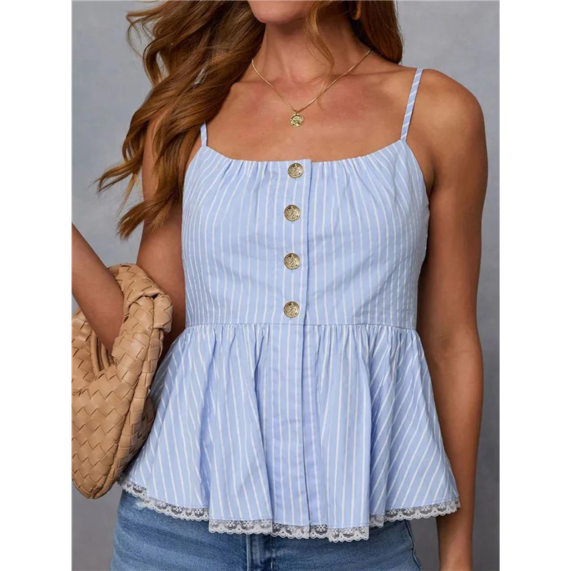 قميص نسائي مخطط بدون أكمام بيبلوم علوي بحاشية مكشكشة