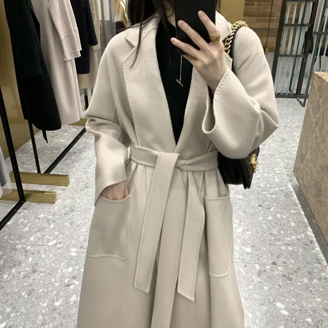 

High-end Camel Hair Coat Women Classic Water Ripple Camel Overcoat Female Mid-length Autumn Winter Camel Jacket Fashion Red Coat