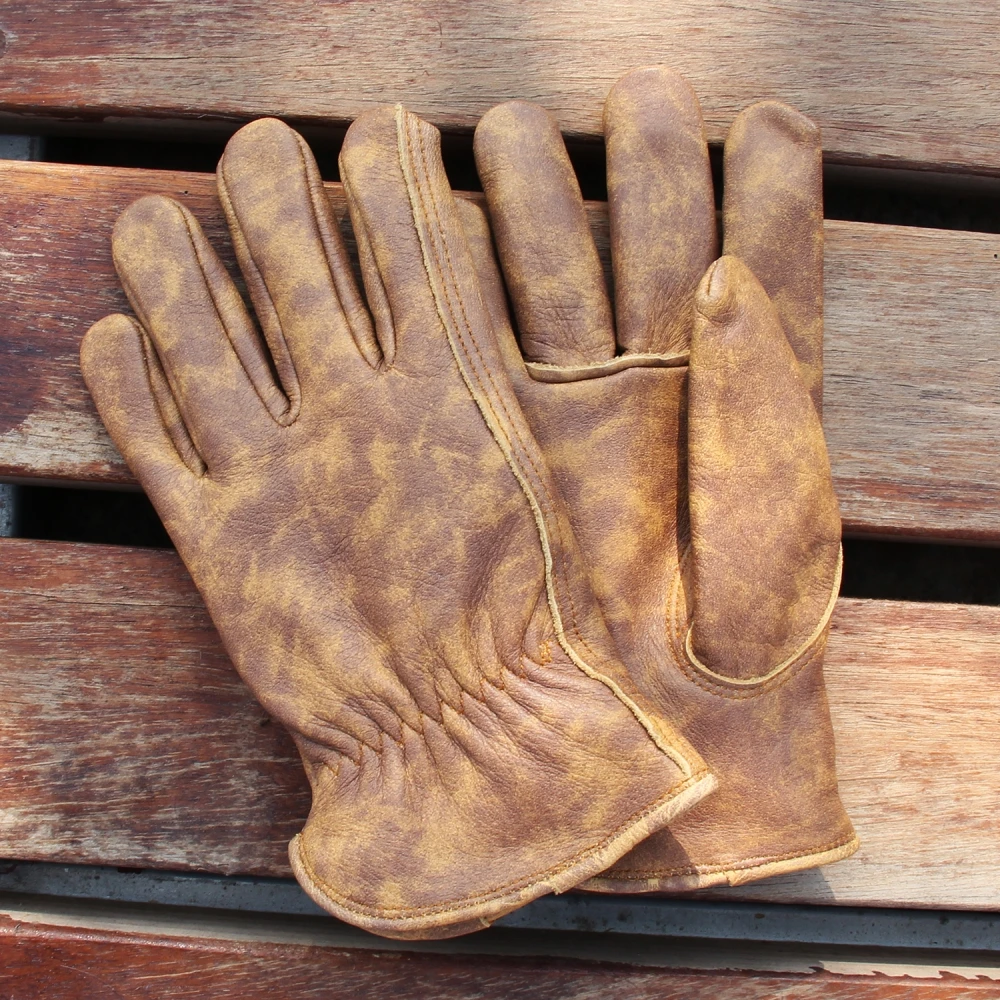 Vintage Distressed Leather Work Gloves Grain Cowhide Leather Gloves for Outdoor Camping Cycling Gardening Climbing Yard Work