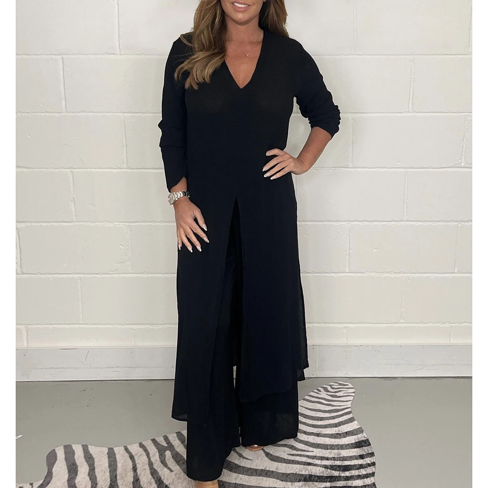 Autumn Fashion New Women's Set High Slit Long Top Casual Wide Leg Pants Two Piece Sets Elegant Chiffon Loose Fitting Suits