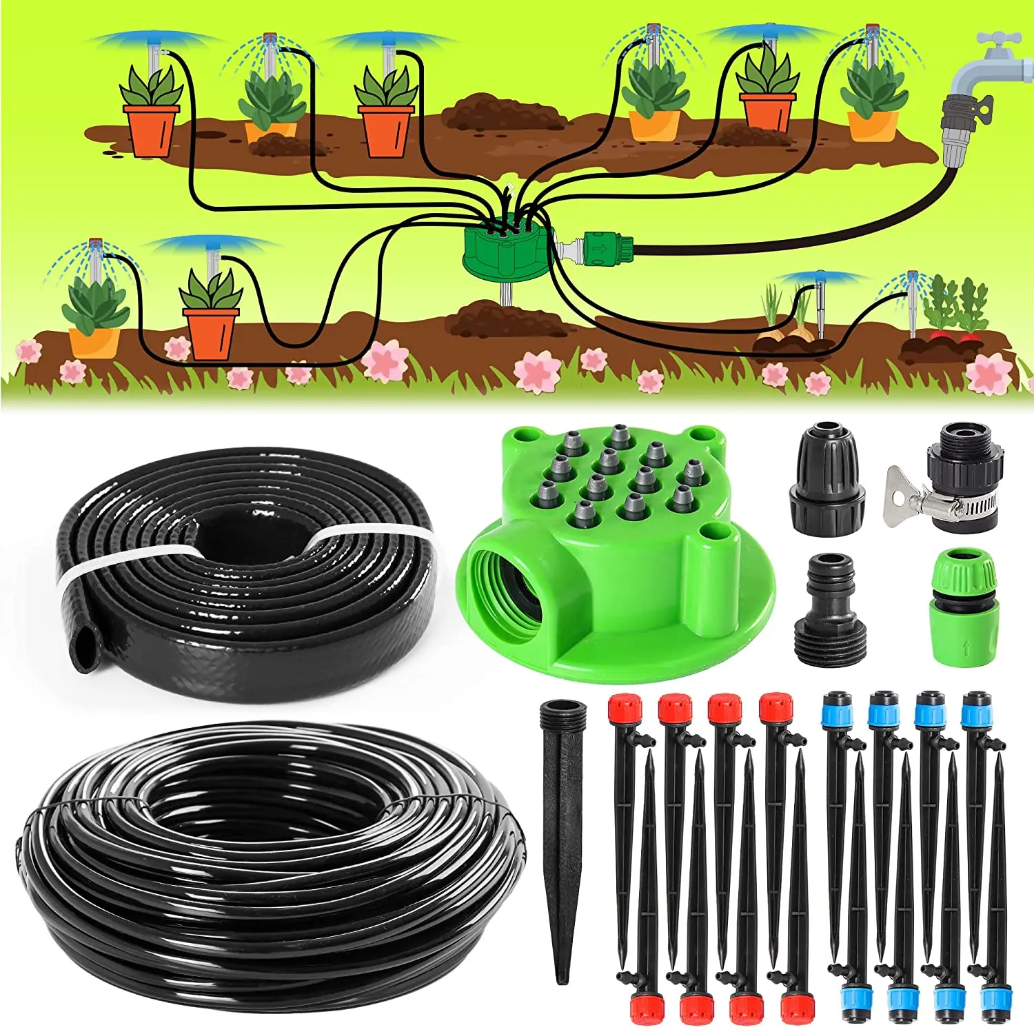 Immagine 3: Kit di irrigazione a goccia da 107FT Sistema di irrigazione da giardino con collettore di irrigazione a 12 porte Tubi di distribuzione da 1/2
