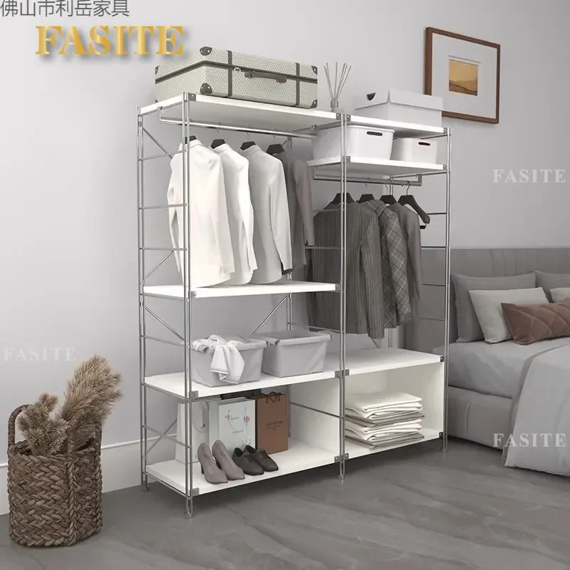For Japanese Style Floor to Ceiling Hanger Minimalist Open Stainless Steel Wardrobe Cloakroom Storage Rack Household White