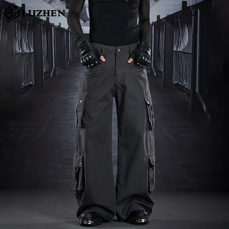 

LUZHEN 2025 New Many Pockets Design Loose Straight Casual Cargo Pants Men's High Quality Solid Color Wide Leg Trousers JY5427
