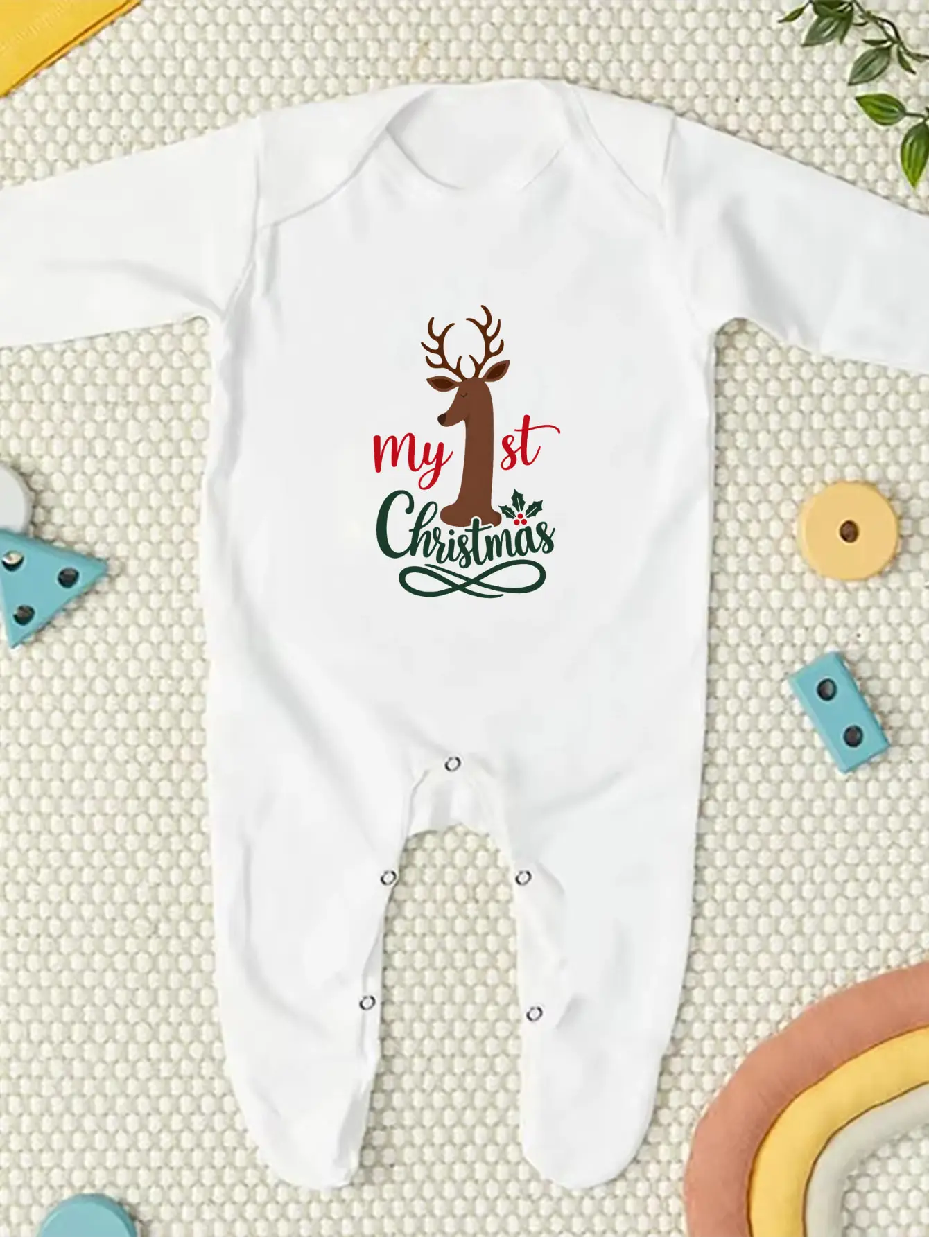 My First Christmas Baby Footed Romper Deer Antler Print Long Sleeve Newborn Jumpsuit Infant Christmas Outfit Gift