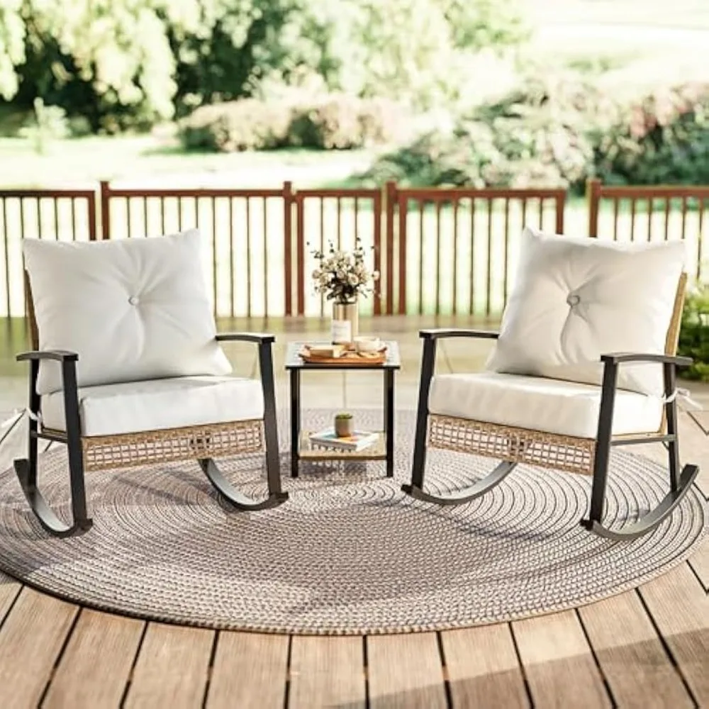 

3 Piece Patio Furniture Set, Outdoor Rocking Chairs Set of 2 with Coffee Table, Patio Bistro Set Patio Rocking Chair Oversize R