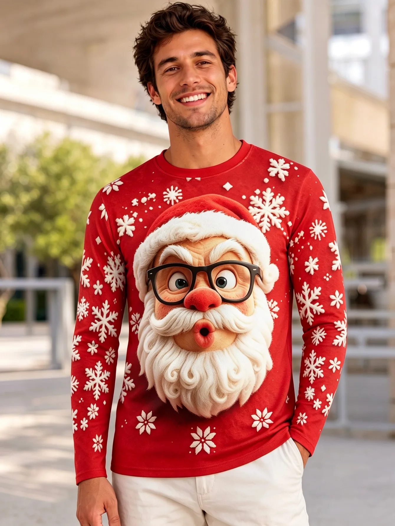 Unisex Couple Long Sleeve Ugly Christmas Tshirt Classic 3D Print Red Round Neck Santa Snowflake Holiday Casual Tops Men Clothing