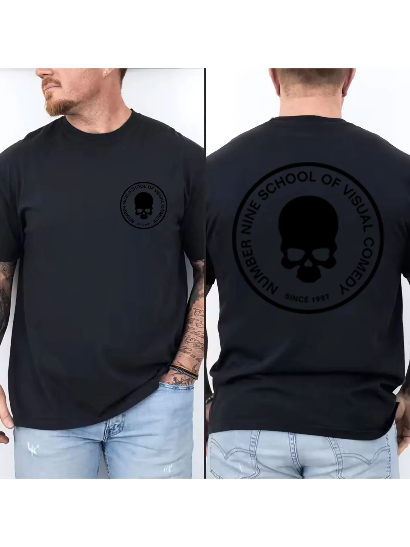 Men's Cotton Crew Neck T-Shirt with Skull Graphic, Vintage Number Nine School of Visual Comedy Print, Casual Short Sleeve Tees
