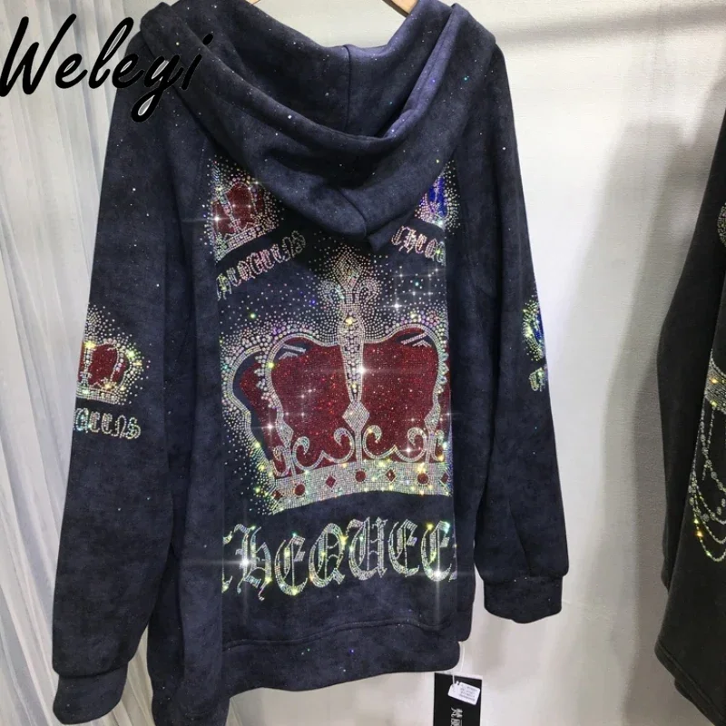 Luxury Crown Hot Drilling Sweatshirt Jacket Women's Autumn and Winter New Diamonds Hooded Long Sleeve Mid-length Hoodie Coat