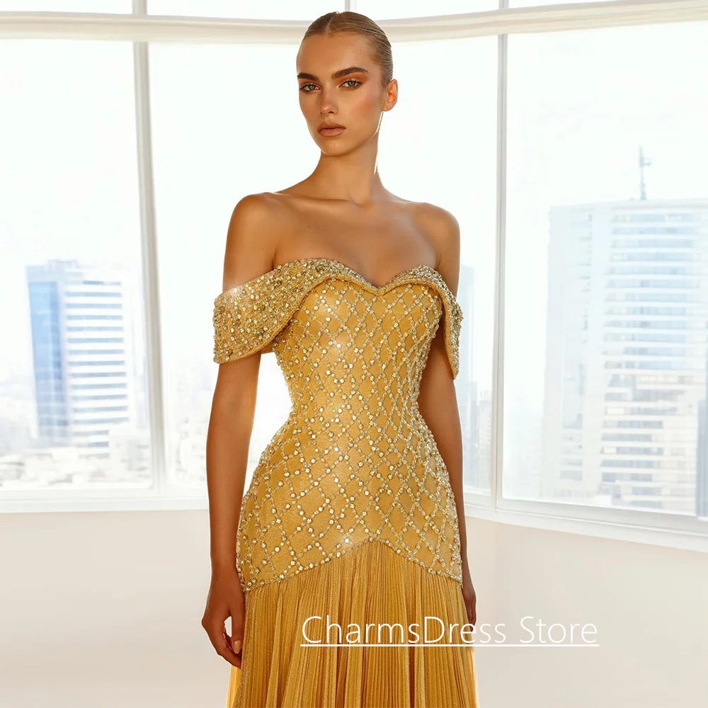 Robe de soirée sirène avec pierres de luxe, personnalisée, épaules dénudées, jupe plissée, traîne de balayage, robe de soirée de concours arabe, robes de bal