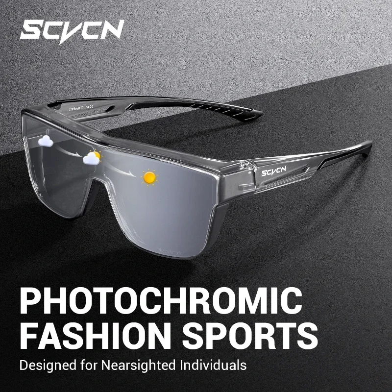 SCVCN New Sunglasses Fit Over Prescription Eyeglasses Photochromic Cycling Glasses Men Women Sprots Windproof Eyewear UV400