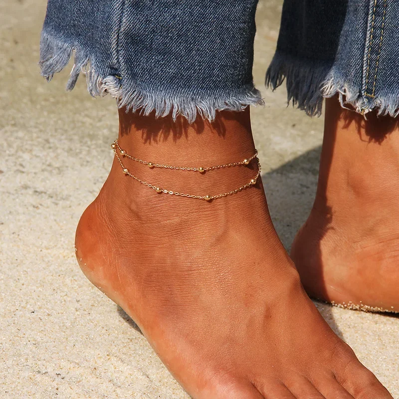 Simple Heart Ankle Layering Pendant Anklet Beaded Foot Jewelry Summer Beach Anklets On Foot Ankle Bracelets For Women Leg Chain