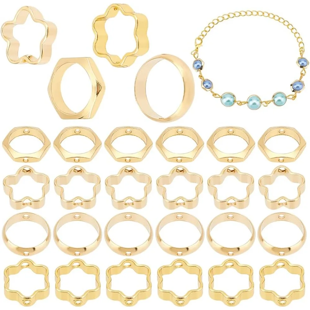 60pcs 4 Styles 24K Gold Bead Frames, Double Hole Frame Spacer Beads Hexagon/Round/Flower Shape Bead Hugger Frame