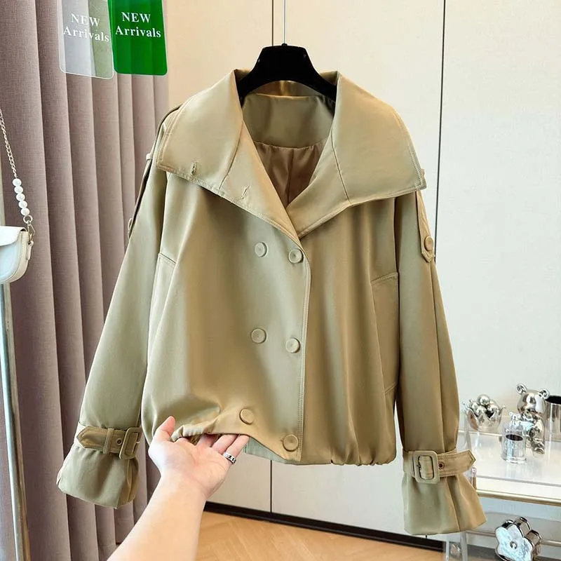 2026 Women Double Breasted Short Windbreaker Stand Collar Shoulder Epaulets Buckle Sleeve Drawstring Loose Casual Trench Coat