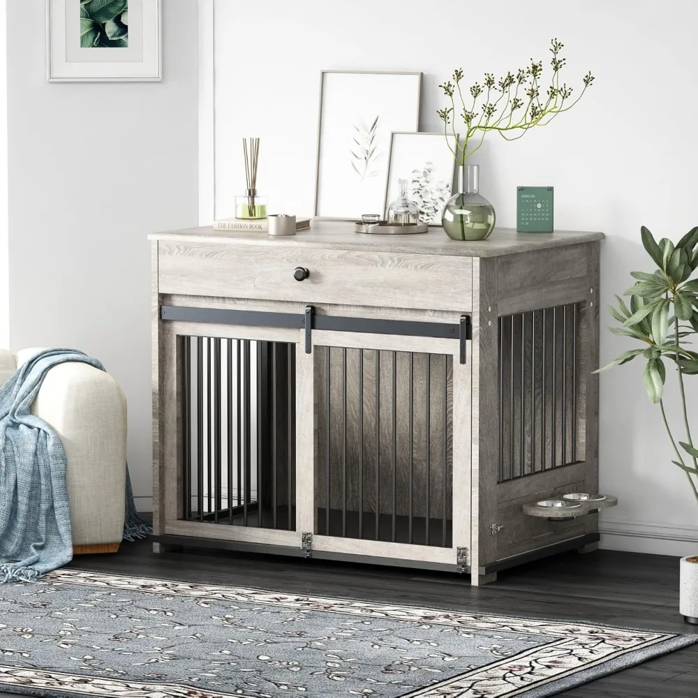 

Large Dog Crate with Sliding Door, Furniture-Style Wooden Indoor Kennel, Integrated Side Table & Drawer, Secure Lock, 360° Rotat