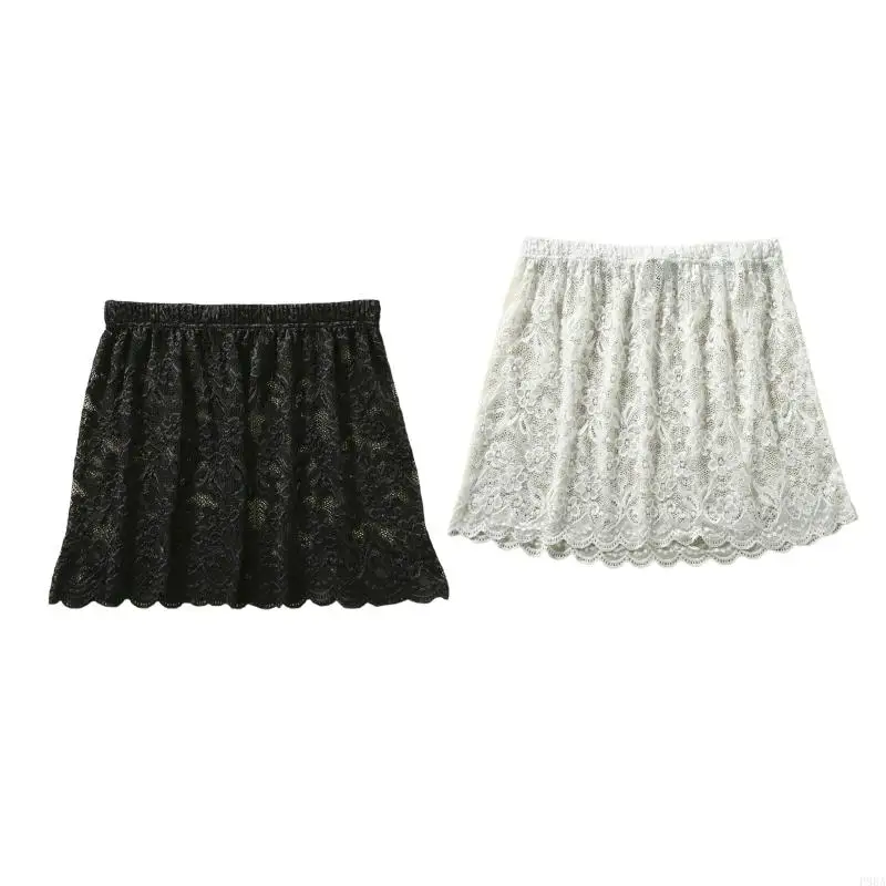 

P88A Women Sweet Floral Lace Layering Faux Top Mini Skirt Pleated A-Line Flare Fake Hem Shirt Extender Half-Length Slips