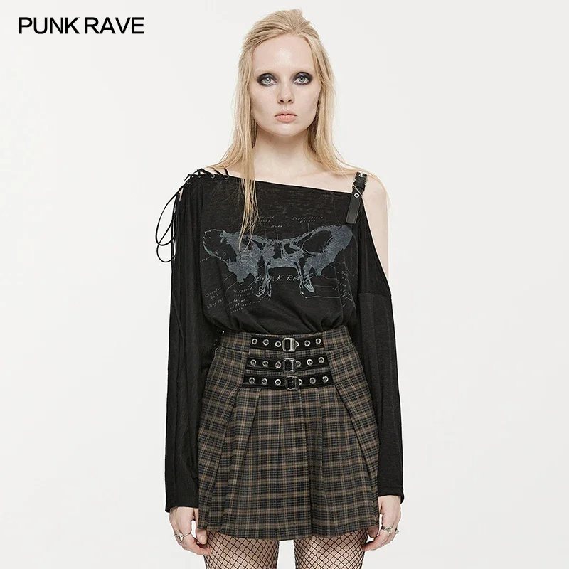 

PUNK RAVE Women's Gothic Cross Applique High Collar T-shirt Personalized Finger Holes Daily Velvet Textured Women Black Tops