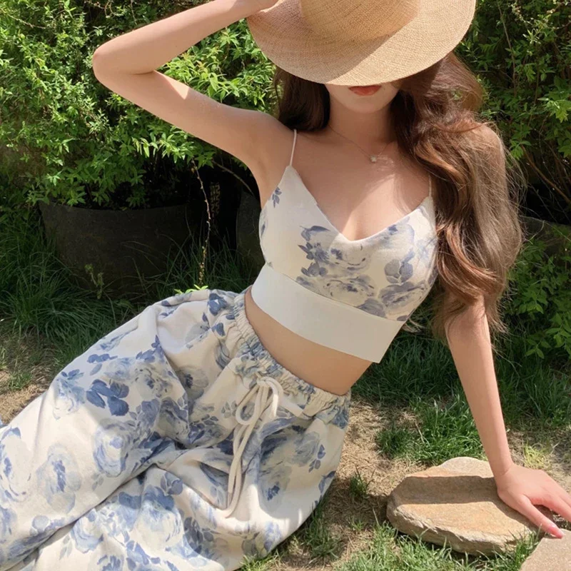 Women Fashion Summer Koran 2 Pieces Pant Sets Elegant Floral Print Sleeveless V-neck Tanks Tops Pants Kawaii Vacation Outfits