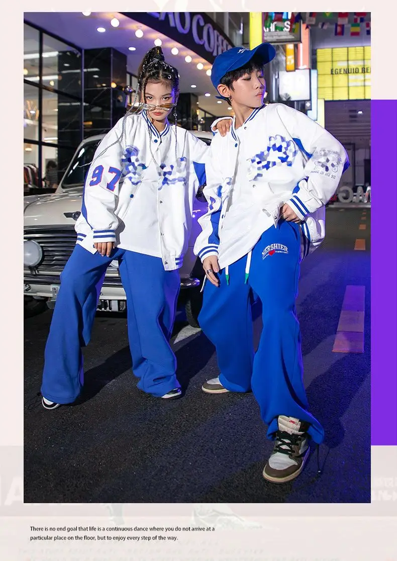 Hip Hop Clothing White Blue 2 Tones Baseball Shirt Casual Street Jogger Pants for Girl Boy Jazz Dance Costume Clothes Kid