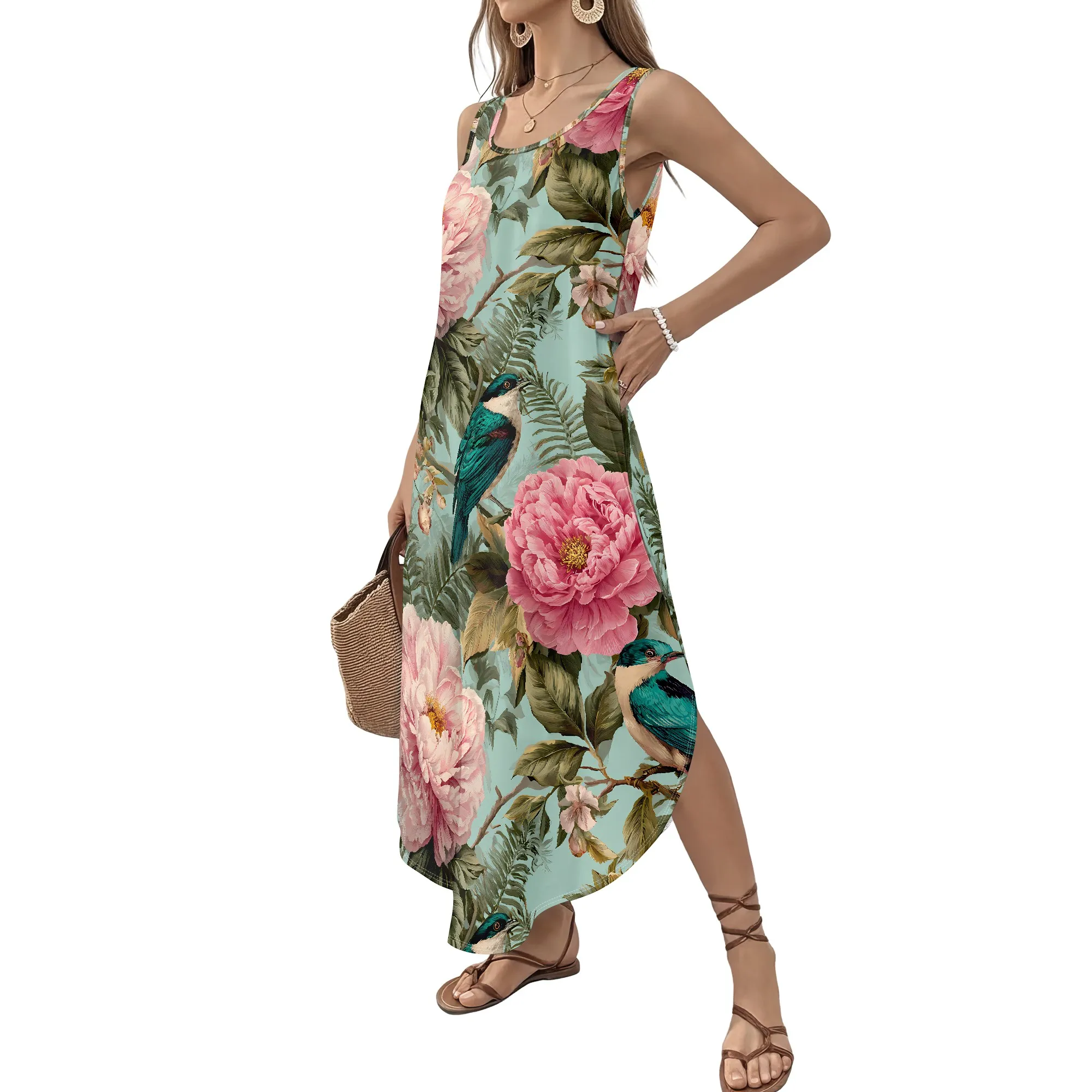Floral Sleeveless Maxi Dress, Pink Peony Print, Tropical Bird Pattern, Summer Beach Wear, Vacation Sundress, S-2XL