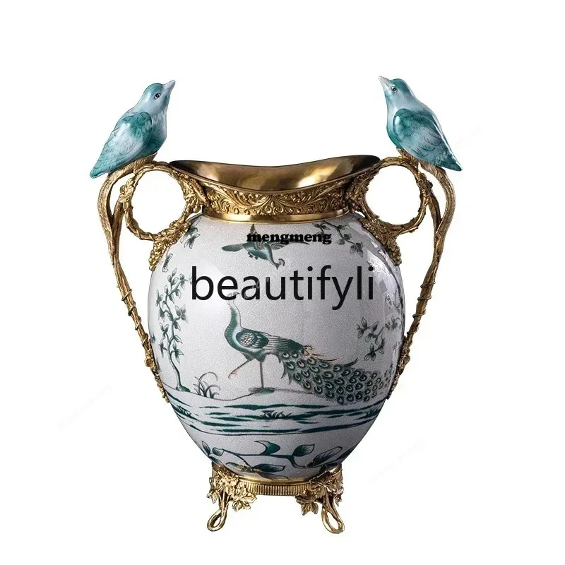 Modern Simple Pastoral Peacock Bird White Ice Crack Ceramic Flower Vase Decorative OrnamentX