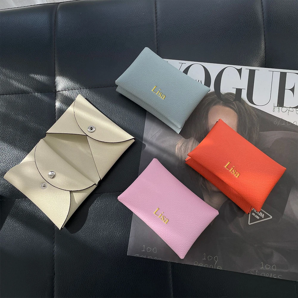 Customized name card holder for ladies, genuine leather, double-fold card holder with palmprint snap fastener, card case, wallet
