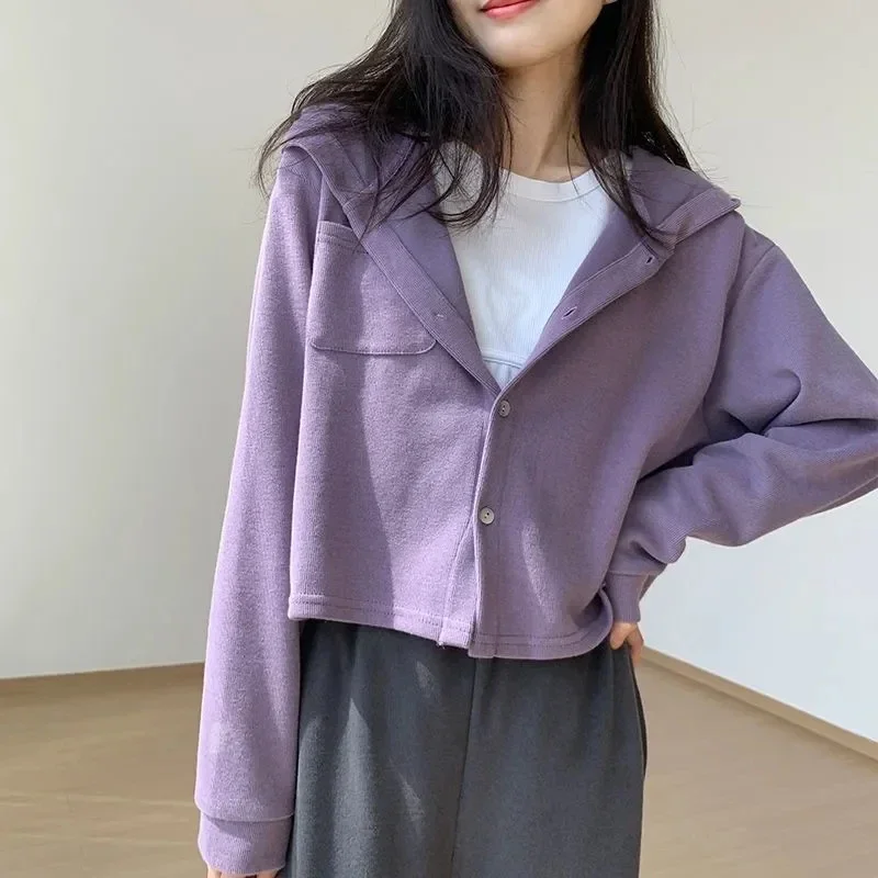 Casual Gray Short Cardigan Coats Women 2024 Korean Style Loose Long Sleeve Hoodies Woman Fashion Streetwear Pockets Purple Tops