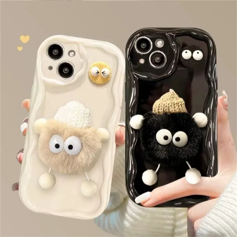 Korean Cute 3D Fluffy Briquettes Phone Case For iphone 15 14 13 12 11 Pro MAX X XS XR 7 8 Plus SE 3 Girl Wavy Soft Plush Cover