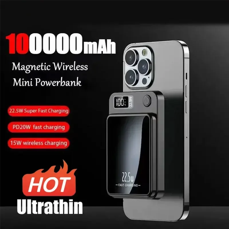 

New 100000mAh Wireless Power Bank Magnetic Qi Portable Powerbank Type C Mini Fast Charger For iPhone Samsung MaCsafe