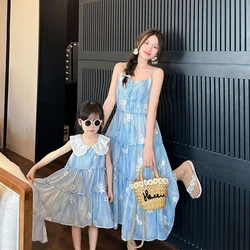 Mom and Girl Vacation Look Blue Sling Dress Holiday Daughter and Mother Matching Beach Sea Dresses Resort Momy and Me Clothes