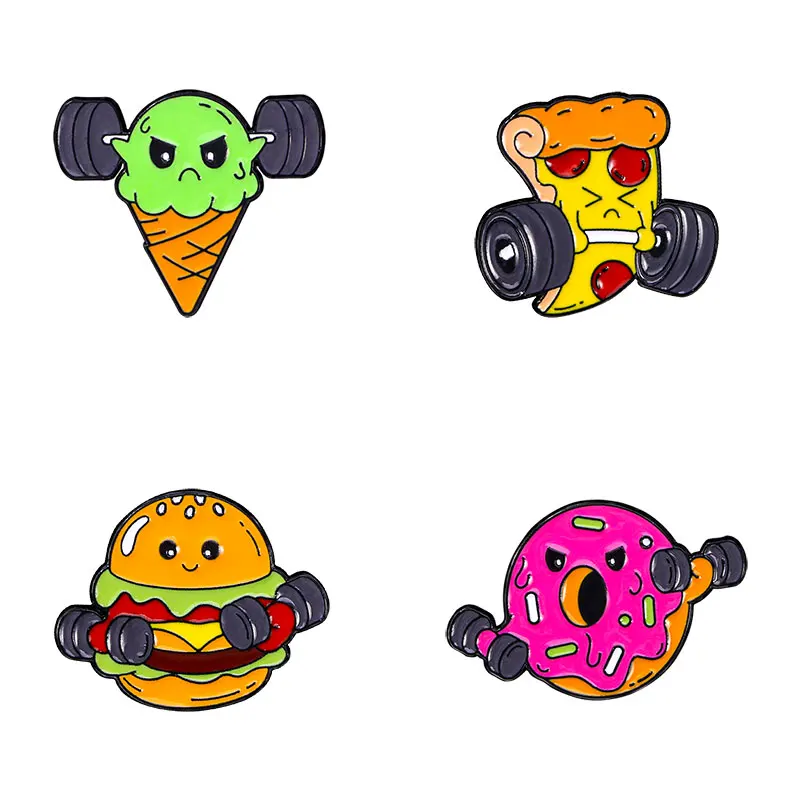 4Pcs/Set Creative Cartoon Barbell Pizza Ice Cream Pins Dumbbell Burger Doughnuts Enamel Brooces Food Jewelry For Fitness Lovers