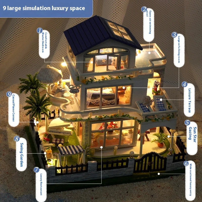 New Diy Wooden Mini Seaside Villa Miniature Building Kits Doll Houses With Furniture Casa Dollhouses For Friends Birthday Gifts