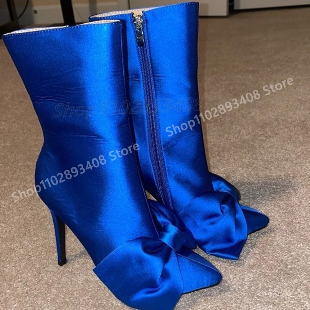 

Deep Blue Front Butterfly Knot Mid Calf Boots Pointy Runway Stiletto High Heel Sexy Women Shoes 2025 Spring Zapatos Para Mujere