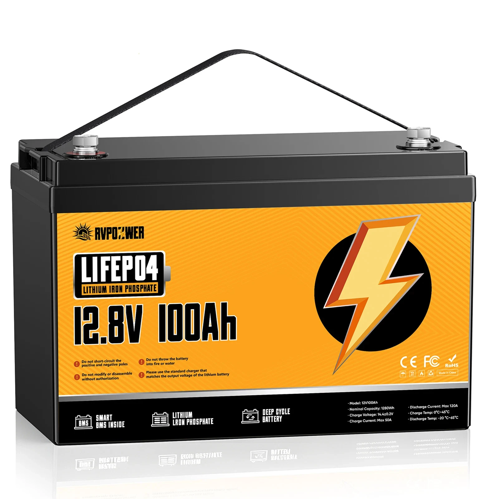 RVPOZWER 12,8V 100Ah LiFePO4 Lithium-Eisenphosphat-Batterie, integriertes 100A Smart BMS, 1280Wh Nennkapazität, 15000+ Deep Cycles tragbare wiederaufladbare Batterie, für Wohnmobile, Reiseanhänger,