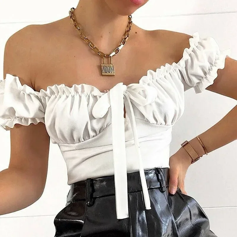 Summer Women Off Shoulder Short Sleeve Bodysuit 2023 Fashion V-neck Stretch Ruffles Bow Bodycon Sweet Skinny Playsuit Rompers