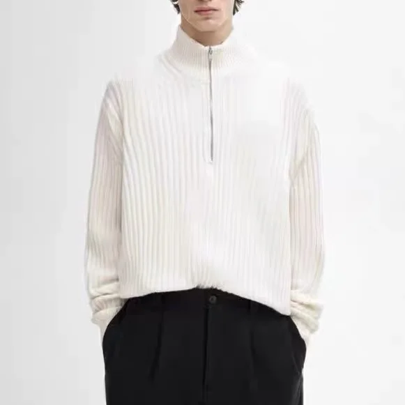 

Мужской вязаный шерстяной свитер на молнии, удобный, мягкий, повседневный, с длинным рукавом, белый, размер L